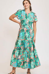 Umgee Full Size Printed Notched Short Sleeve Tiered Dress Plus Size Teal OutfitFlow